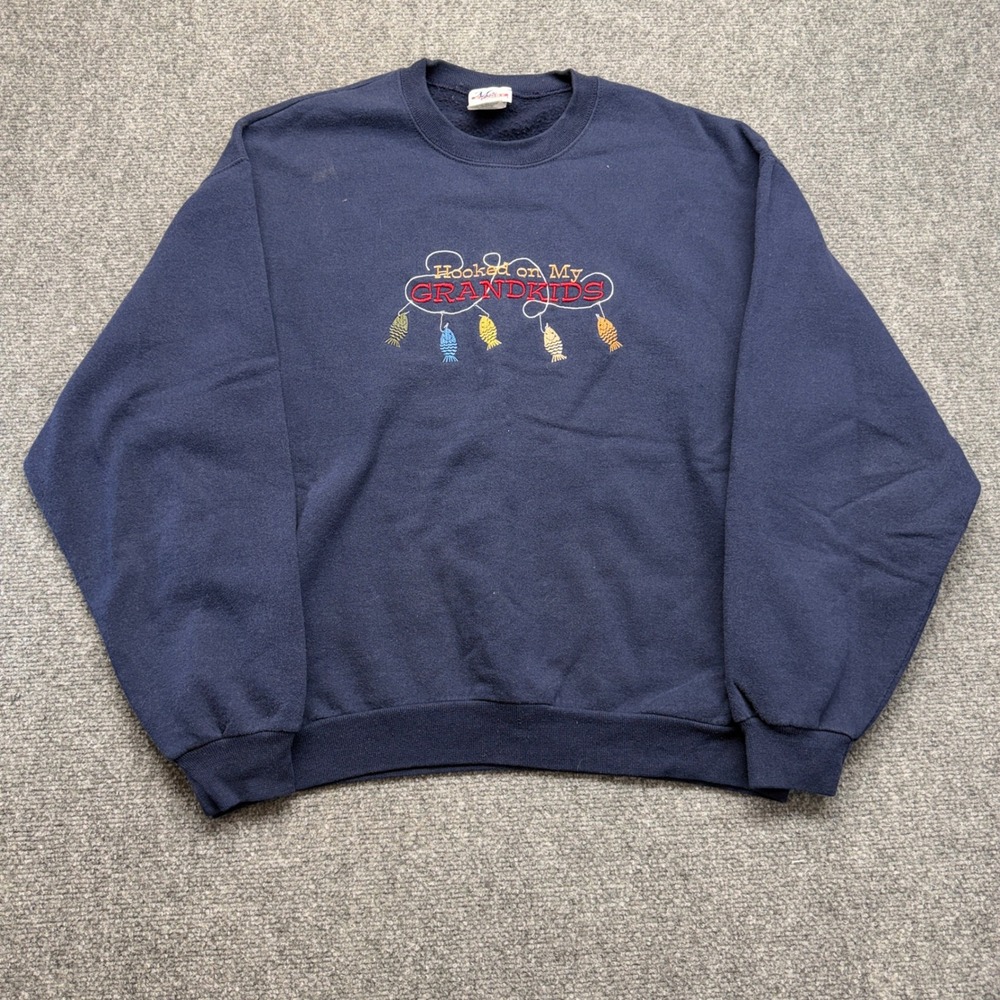 Vintage Hooked on My Grandkids Navy Blue Sweatshirt Large M&E Energy Sportswear